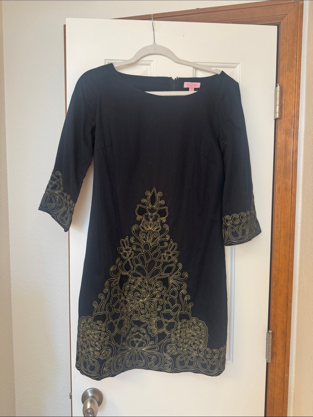 Lilly Pulitzer Retro Style Black Mini Dress with Gold Embroidered Detail
